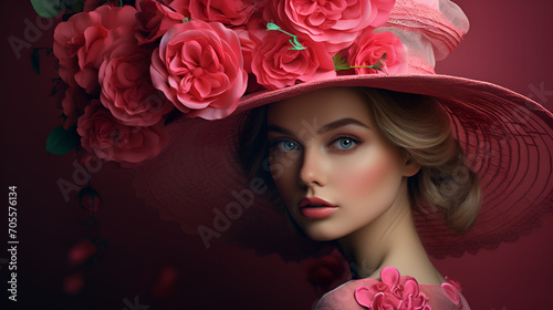 Young beauty wearing roses hat. ai generative