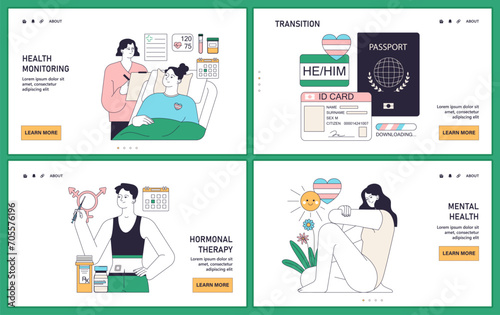 Gender transition consequences web or landing set. Gender-affirming therapy, positive and negative experience. Transgender person health, legalization and discrimination. Flat vector illustration