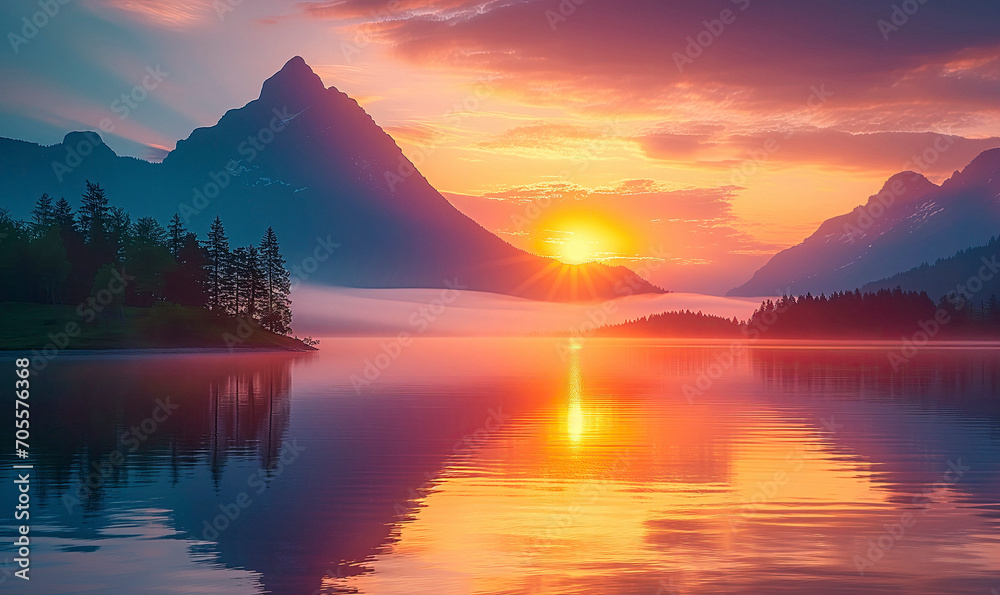 vibrant sunset over a serene lake, with colorful reflections shimmering on the water.