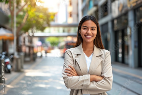 Free Download a young, happy, and pretty professional businesswoman. smiling face, radiating confidence and positivity. Capture the scene with her standing outdoors on a street, arms cross - GFXLoad