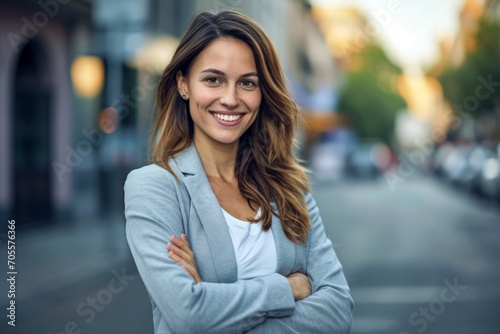 a young, happy, and pretty professional businesswoman. smiling face, radiating confidence and positivity. Capture the scene with her standing outdoors on a street, arms cross
