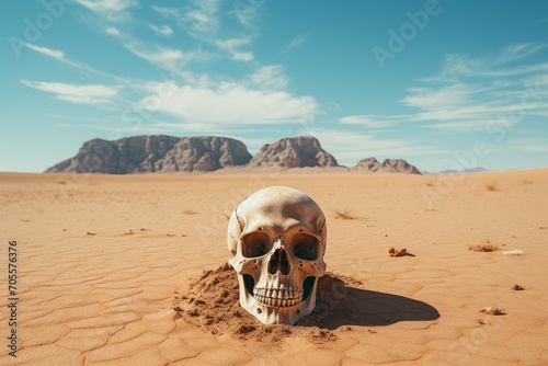 Abandoned Human skull in desert. Dead head. Generate Ai © juliars
