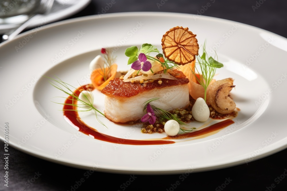 Plated fish dish with artistic garnish and sauce. Plated fish dish with artistic garnish and sauce.