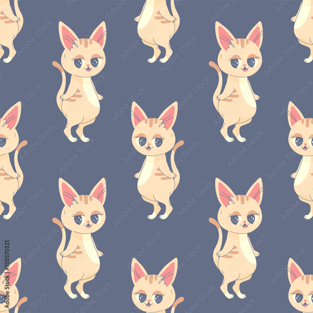 Seamless pattern kitty on hind legs, vector illustration for fabric, print