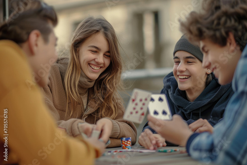 Group of young people happily playing cards together