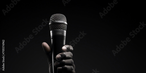 Speaker hand holding microphone on stage background, close up. Music concept, Black and silver microphone on a black background, A hand holding a microphone with the word music on it generative ai 