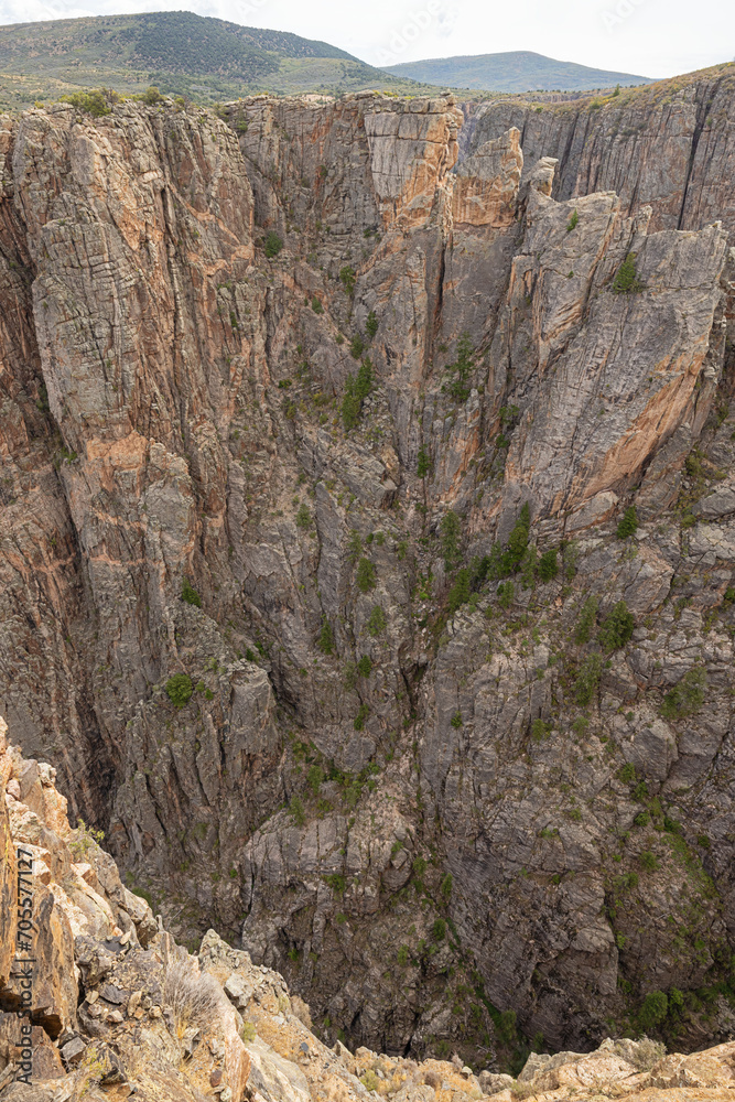 Deep gorges in the north rim of the Black Canyon of the Gunnison at Devil's Lookout on the south rim