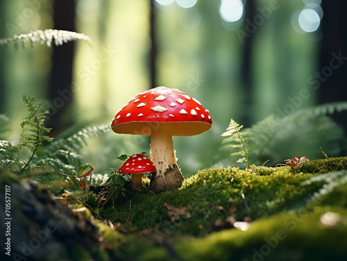 Whimsical Fly Agaric Mushrooms Nestled in Mossy Forest Enchantment