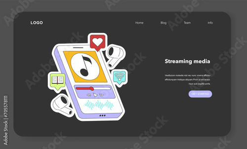 Streaming music service night or dark mode web banner or landing page. Smartphone and headphones. Listening to music or podcast with online broadcast service. Flat vector illustration