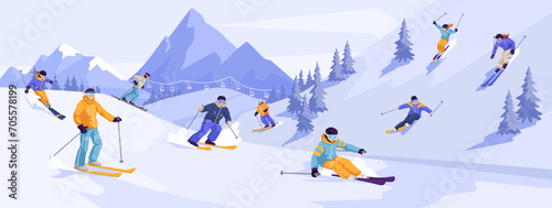Group of sliding professional skier in warm sport suit with googles. Extreme downhill. Scenic picturesque mountain landscape. Winter holiday resort and vacation. Vector illustration