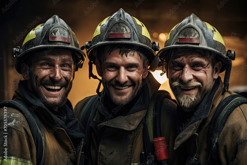 Beaming firefighters with ash-streaked faces.
