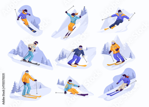 Set of winter skier in various position. Collection of sportsman doing sport. Extreme outdoor activity. Youth competition. Cartoon design. Isolated on white background. Vector illustration