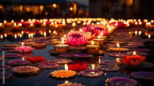 Diwali festival. Colorful clay Diya lamps lit during diwali celebration on water.