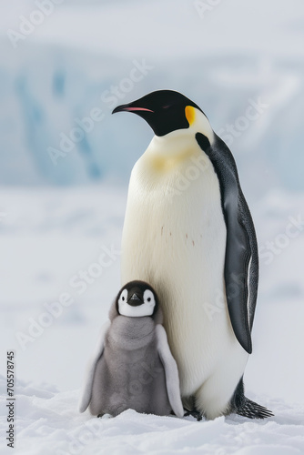 A penguin with her cub  mother love and care in wildlife scene