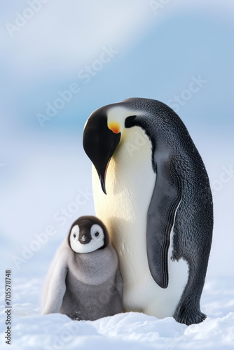 A penguin with her cub  mother love and care in wildlife scene