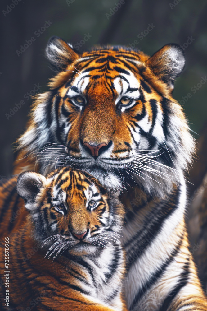 Fototapeta premium A tiger with her cub, mother love and care in wildlife scene
