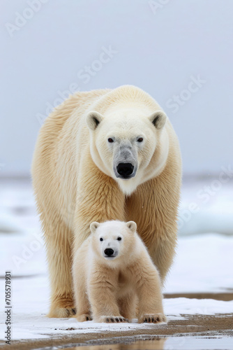 A polar bear with her cub, mother love and care in wildlife scene