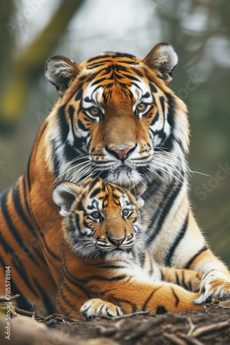A tiger with her cub, mother love and care in wildlife scene © Ema