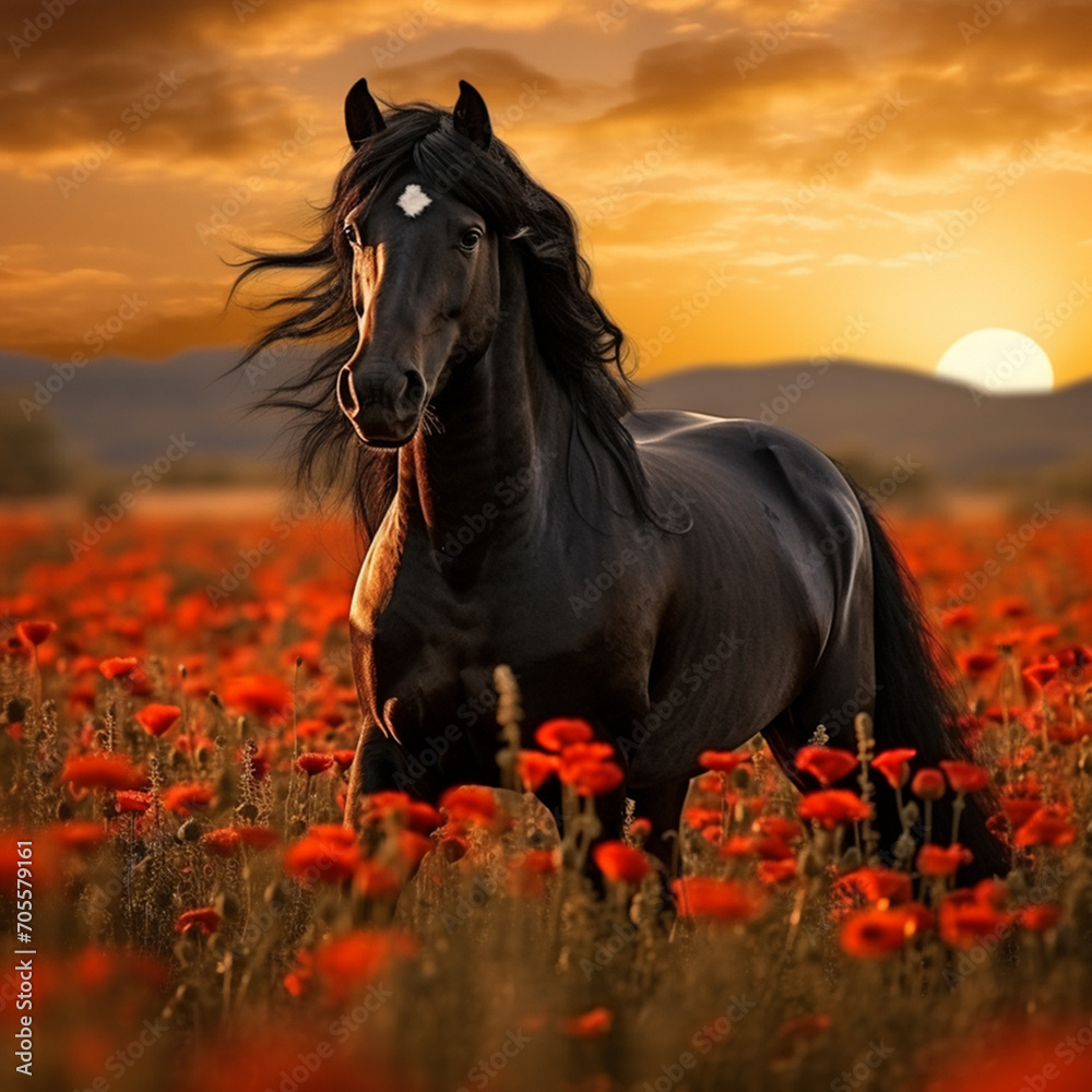 beautiful friesian horse in the evening at sunset in a field of poppies flowers beautiful friesian horse in the evening at sunset in a field of poppies flowers