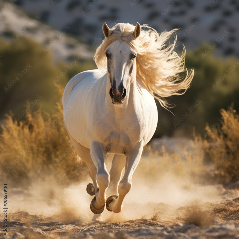 a beautiful Arabian horse in the morning at dawn flutters its mane in the mountains