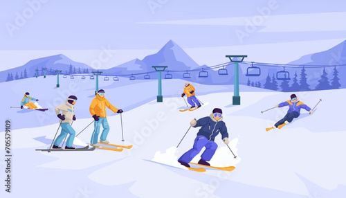 Group of sliding professional skier in warm sport suit with googles. Extreme downhill. Scenic picturesque mountain landscape. Winter holiday resort and vacation. Vector illustration