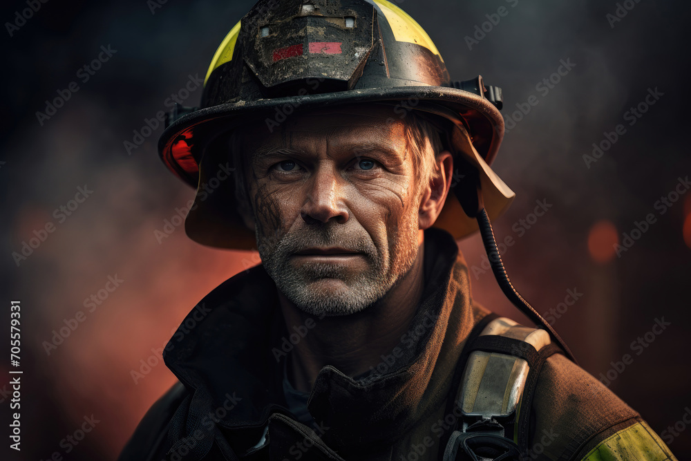 Firefighter with reflective helmet and intense gaze.
