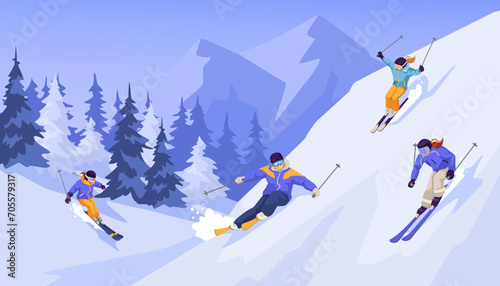 Sliding professional skier in warm sport suit with googles. Extreme downhill. Scenic picturesque mountain landscape. Winter holiday resort and vacation. Vector illustration