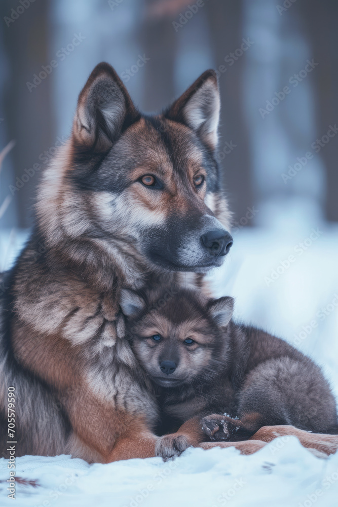 A dog with her cub, mother love and care in everyday life