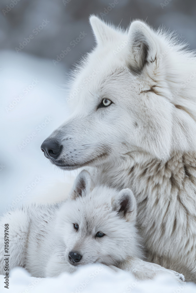 A dog with her cub, mother love and care in everyday life