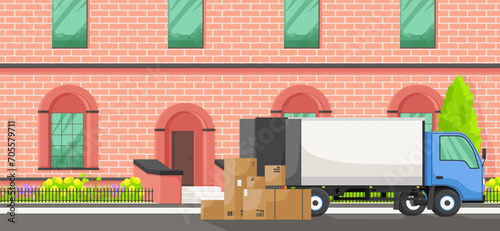 Moving company, delivery service, holding furniture, package moving, van shipping, male courier, home box shipment. Pink brick house. Vector illustration