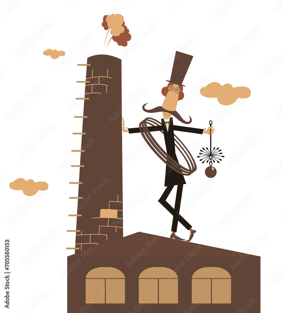 Chimney sweeper, stove pipe, building. Cartoon chimney sweeper in the top hat standing near the