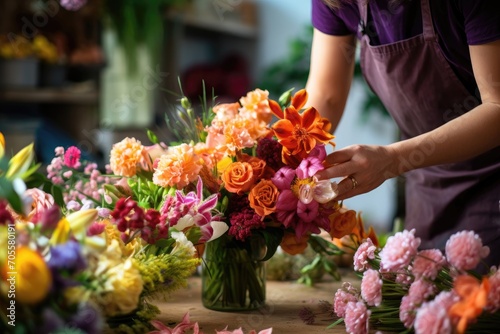 Artful florist crafting a vivid bouquet.