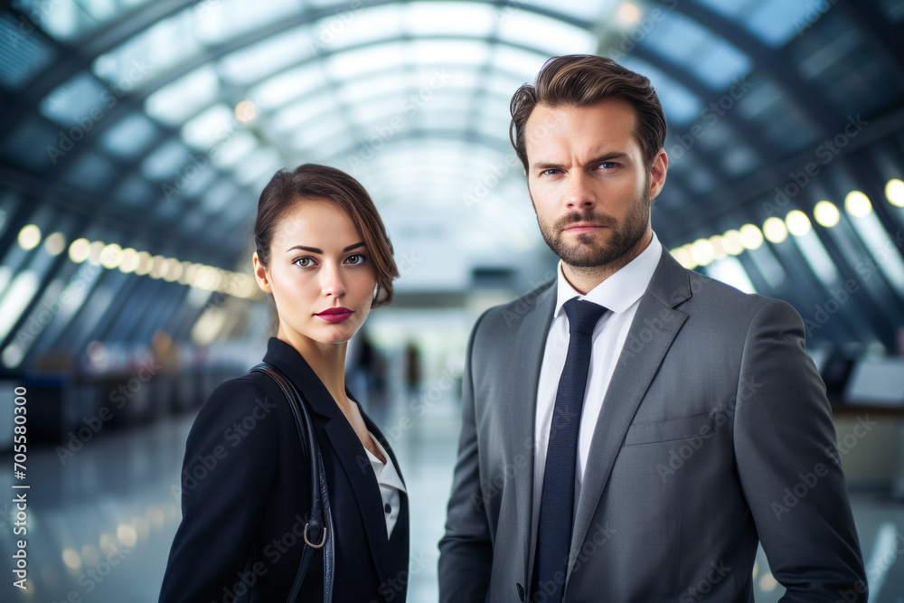 Portrait of a confident businessman and business woman in airport Portrait of a confident businessman and business woman in airport