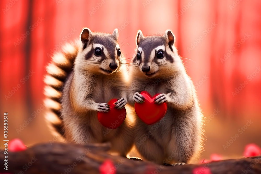 Couple of cute chipmunks with red hearts on a red background - cute valentine day card Couple of cute chipmunks with red hearts on a red background - cute valentine day card