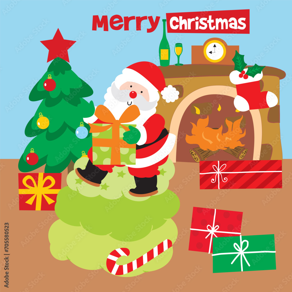 Cute Santa Claus with Christmas Tree and Presents