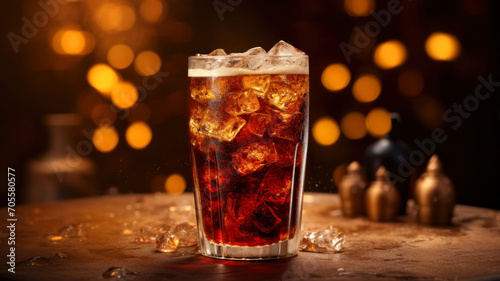 Cuba libre cocktail with cola, rum and ice cubes