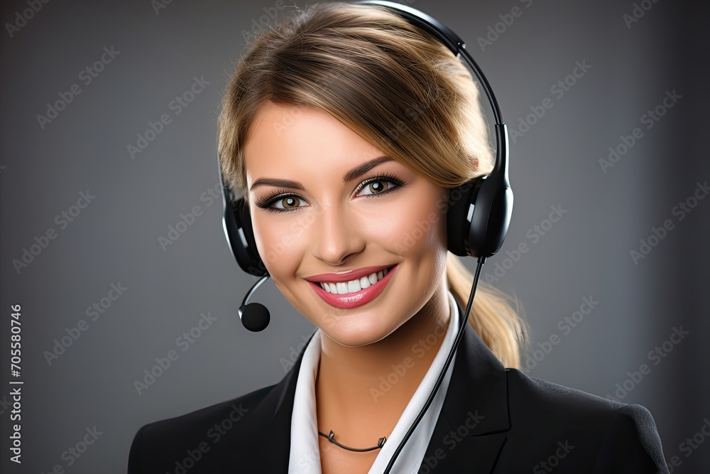 Female call center operator with a headset and suit. Female call center operator with a headset and suit.