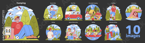 A series of colorful, playful vector illustrations showcasing various outdoor activities, including camping, biking, fishing, and hiking, encapsulating the joy of nature adventures. photo