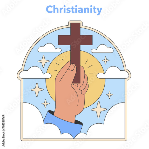 Christianity emblem. Hand holding the cross against a celestial backdrop, symbolizing faith and devotion. Emblematic of religious belief and spirituality. Flat vector illustration.
