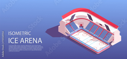 Ice arena, hockey playground, sport stadium, tournament rink, game field. Championship league, match competition, modern construction. Isometric vector illustration