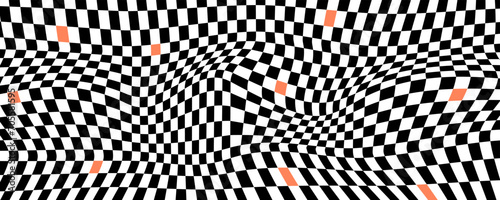 Psychedelic black and white checkerboard background. Retro chessboard geometric design template	