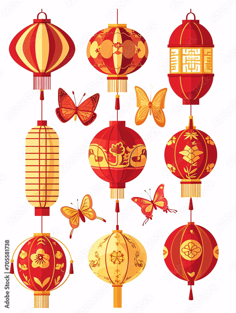 Chinese style red lantern combination material, Spring Festival New Year festival concept illustration Chinese style red lantern combination material, Spring Festival New Year festival concept illustration