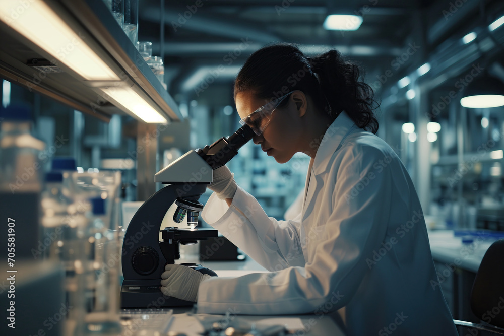 Female Scientist Analyzing Samples Through Microscope Created With Generative AI Technology Female Scientist Analyzing Samples Through Microscope Created With Generative AI Technology