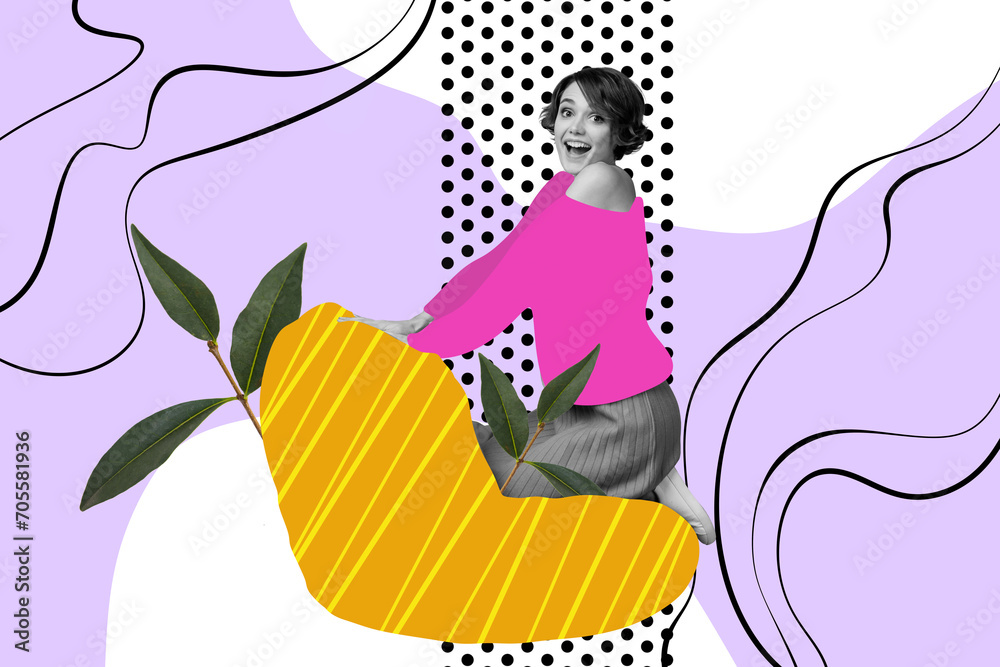 Obraz premium Composite collage portrait of astonished black white effect girl green plant leaves isolated on painted purple background