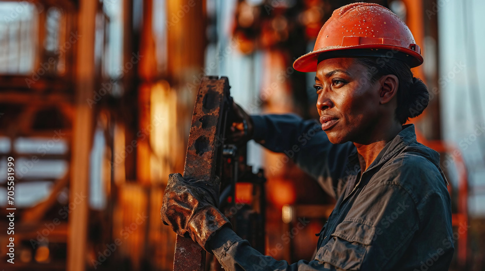Portrait of empowered working woman in industrial setting. Generative AI image Portrait of empowered working woman in industrial setting. Generative AI image
