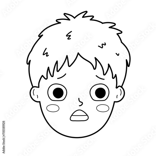 Worried boy face. Afraid little kid in black and white isolated on white background. Child emotional expression for coloring. Vector illustration