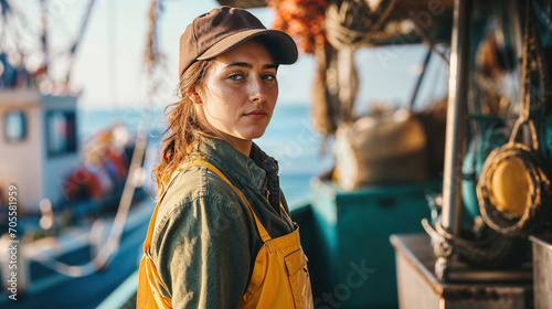 Portrait of empowered female maritime professional at Work. Generative AI image photo