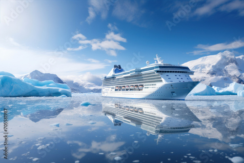 Cruise ship in the ocean with icebergs and blue sky. © Ula