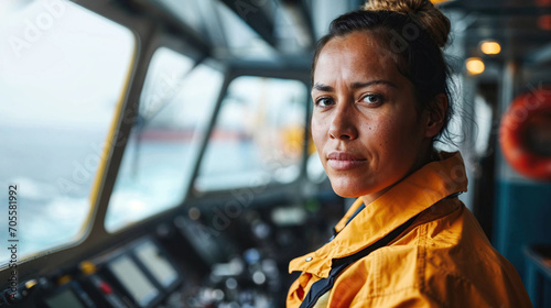 Portrait of empowered female maritime professional at work. Generative AI image photo