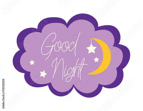Message element of kawaii set. This charming kawaii-style illustration radiates warmth with the message "good night" in soothing violet hues. Vector illustration.